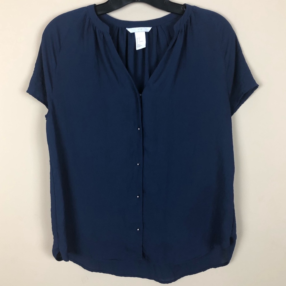 Casual Lightweight Navy Blue Button Front Top